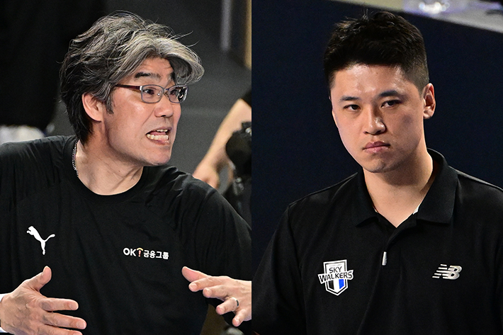 왼쪽부터 OK금융그룹 오기노 마사지 감독, 현대캐피탈 진순기 감독 대행. KOVO 제공
