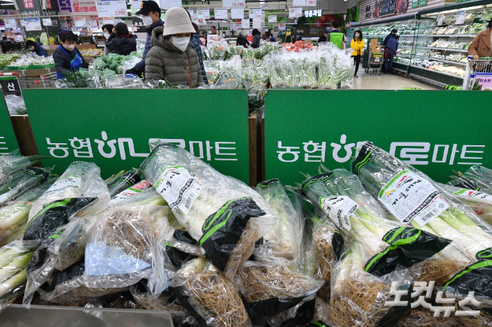 한국물가정보 조사에 따르면 올해 설 차례상을 차리는 비용이 또다시 역대 최고치를 갈아치웠다. 과일·채소류가 20% 넘게 오르며 장바구니 물가를 끌어올렸다. 전통시장 기준으로 대파는 1단에 4천 원으로 지난해 설보다 60%나 뛰었다. 사진은 31일 서울 한 대형마트의 대파 매대. 박종민 기자