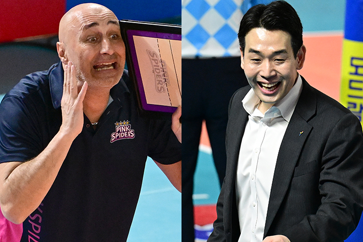 왼쪽부터 흥국생명 아본단자 감독, 정관장 고희진 감독. KOVO 제공