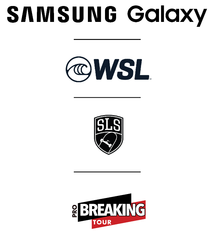 월드서프리그(WSL)·스트리트 리그 스케이트보딩(SLS)·프로 브레이킹 투어(PBT) 로고. 삼성전자