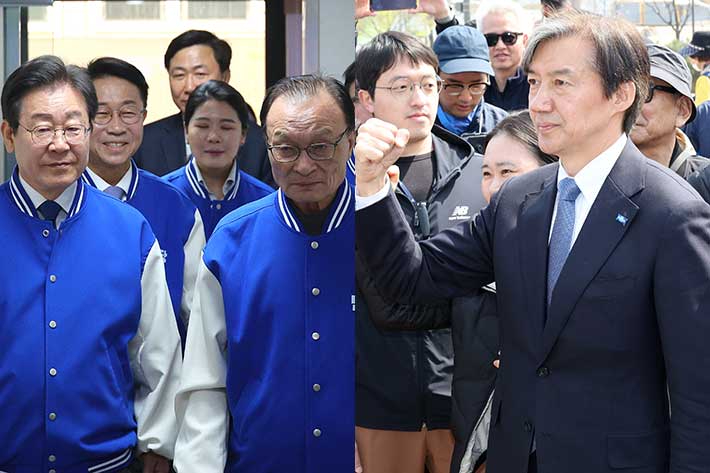 더불어민주당 중앙선대위회의에 참석하는 이재명 대표, 오른쪽은 조국혁신당 조국 대표가 시민들을 만나는 모습. 연합뉴스