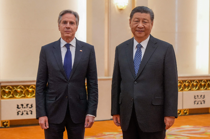 토니 블링컨 미국 국무장관이 26일 중국 베이징 인민대회당에서 시진핑 중국 국가주석을 만나고 있다. 연합뉴스