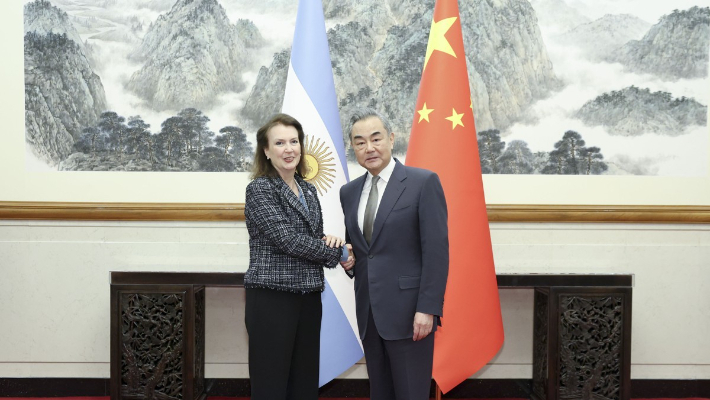 지난 달 30일(현지시간) 중국 왕이 외교부장(오른쪽)과 디아노 몬디노 아르헨티나 외교장관이 악수하고 있다. 연합뉴스