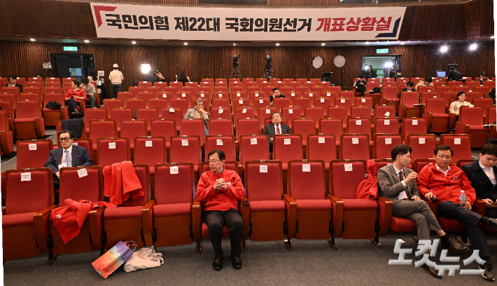 지난달 10일 국민의힘 제22대 국회의원선거 개표상황실에서 출구조사 시청 후 대부분 소속의원들과 당 관계자들이 자리를 떠나 적막감이 흐르고 있다. 황진환 기자