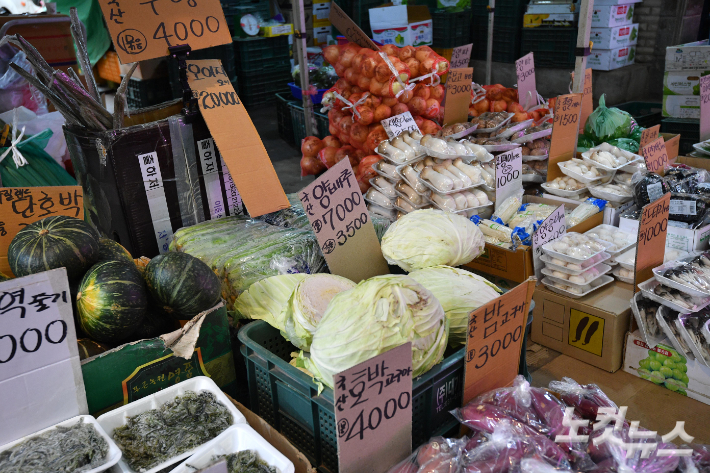 기상 이변에 채솟값이 급등한 가운데 24일 서울 마포구 망원시장 한 상점에 채소가 진열돼 있다. 박종민 기자