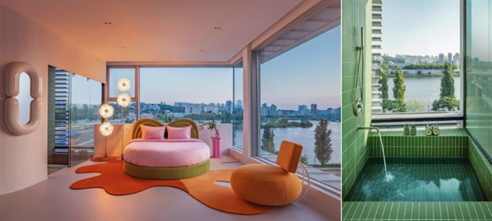 한강대교 위 전망호텔 '스카이 스위트' 침실과 욕실. 서울시 제공 