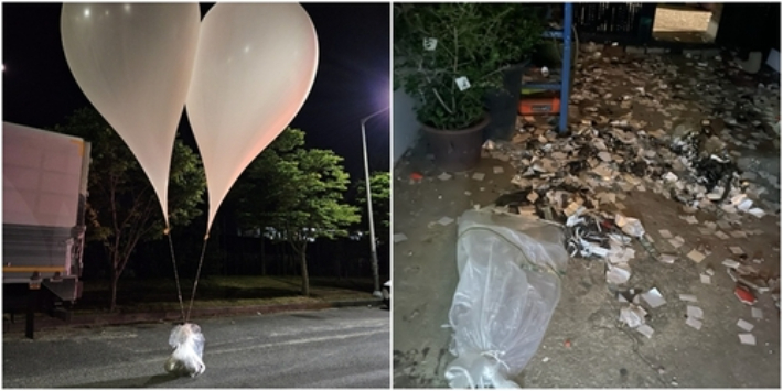 29일 북한이 날려 보낸 것으로 보이는 풍선 90여개가 전국 곳곳에서 발견됐다. 일부는 땅에 떨어졌고 나머지는 계속 비행 중이다. 합동참모본부 제공