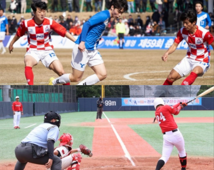 '제46회 문화체육관광부장관기 전국 고등학교 축구대회(사진 위)'의 경기 모습과 지난해 열린 '전국 중학야구 선수권대회'의 경기 장면. 자료사진