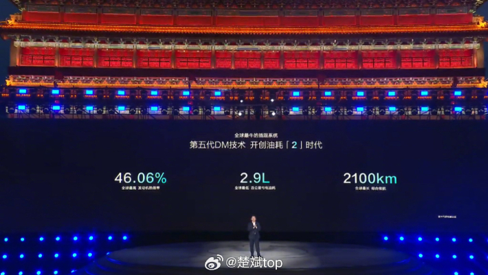 1회 2100km 주행이 가능한 비야디의 5세대 DM-i 하이브리드 기술 공개 현장. 웨이보 캡처