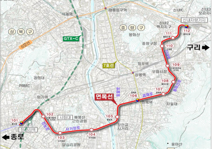 면목선 경전철 노선. 서울시 제공 