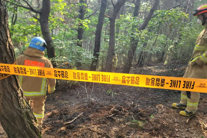 지난 10일 오후 4시 40분쯤 강원 춘천시 동내면 학곡리의 한 야산에서 불이 난 가운데 화재 현장에서 오물 풍선이 발견됐다. 강원소방본부 제공