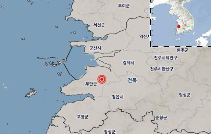 12일 오전 8시 26분쯤 지진이 발생한 전북 부안군. 기상청 홈페이지 캡처