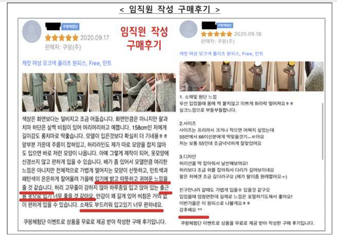 쿠팡의 임직원 구매후기 작성 사례. 공정위 제공