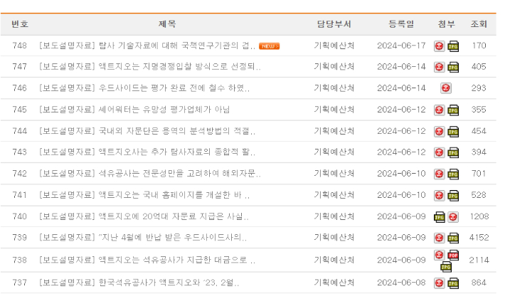 한국석유공사 홈페이지 중 일부, 지난 5일부터 17일까지 15건의 보도해명자료를 냈다.