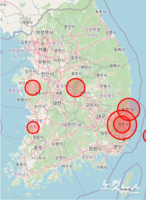 기상청 계기 관측 이후 내륙에서 발생한 규모 4.8 이상의 지진. 빨간원의 크기와 지진의 규모가 비례한다. 전라도도 지진 안전지대가 아님을 의미한다. 송승민 기자