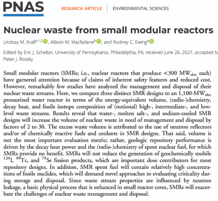 미국과 캐나다 연구진이 2022년 5월 국제학술지인 미국립과학원회보(PNAS)에 게재한 논문에 따르면, SMR은 핵폐기물 관리나 처리 문제를 악화시킬 것으로 예상된다. 해당 논문 초록 캡처