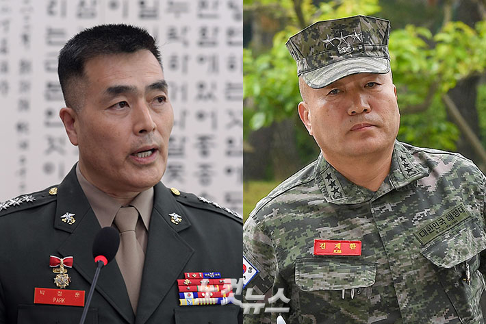 박정훈 전 해병대수사단장(왼쪽)과 김계환 해병대 사령관. 박종민·윤창원 기자