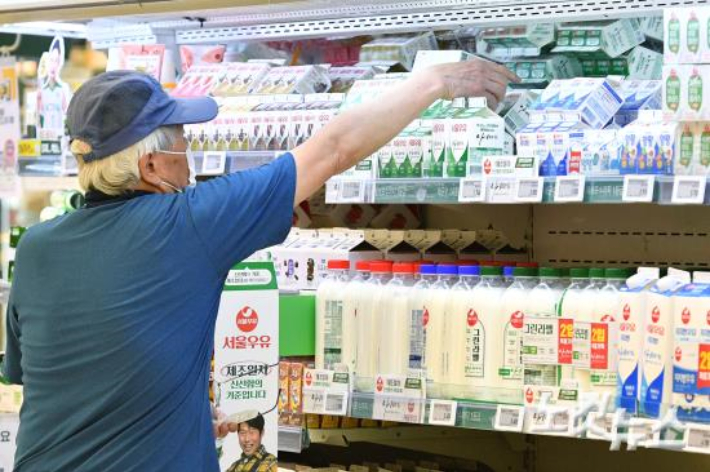 대형마트에서 한 노인이 진열되어 있는 우유를 고르고 있다. 류영주 기자