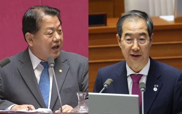 왼쪽부터 더불어민주당 김병주 의원, 한덕수 국무총리. 연합뉴스