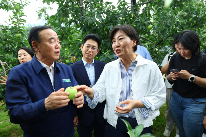 송미령 농식품부 장관은 11일 군위 APC와 사과 재배 농가를 방문해 햇사과 선별·출하 현장을 격려하고, 사과 생육과 재해대응 상황을 점검했다. 농식품부 제공