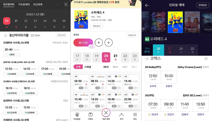 외화 '슈퍼배드 4' 유료 시사회 예매 화면. 각 사 화면 캡처