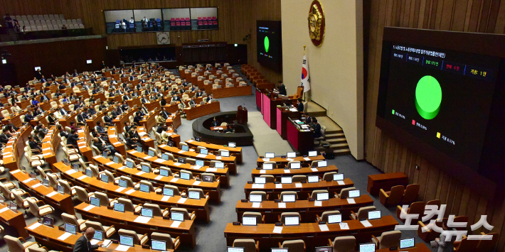 9일 서울 여의도 국회 본회의장에서 열린 제410회 국회(정기회) 제11차 본회의에서 '노동조합 및 노동관계조정법 일부개정법률안(대안)'이 통과되고 있다. 윤창원 기자