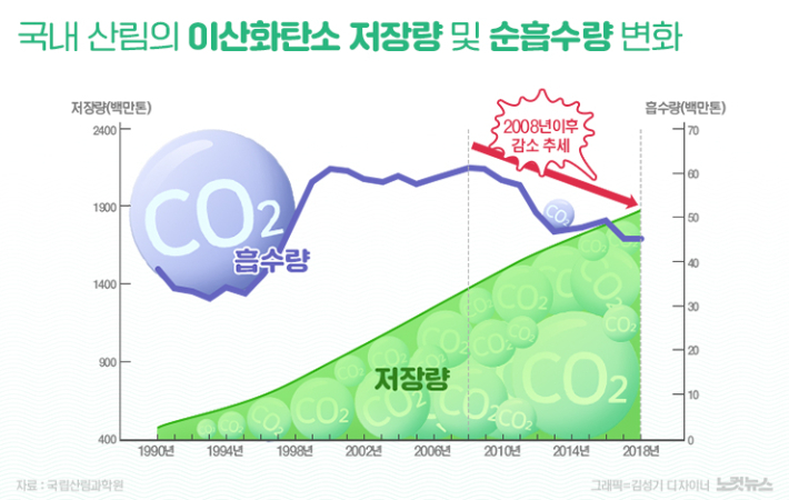 2008년 이후 국내산림의 이산화탄소 순 흡수량이 감소 추세라는 설명이다. 국립산림과학원 제공