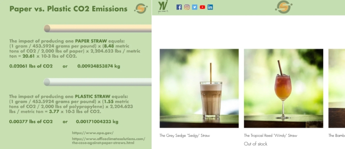 환경부가 "미국 환경보호청은 종이 빨대가 플라스틱 빨대 대비 탄소배출량이 5.5배 높다고 발표한 바 있다"는 근거를 들며 참고했다고 언급한 사진(왼쪽). 하단에 'epa.gov'라고 출처를 명시하고 있지만, 미국 환경보호청 홈페이지에선 해당 원문을 찾아볼 수 없다. 그림이 게시된 사이트에서 풀빨대를 판매하고 있다(오른쪽). 사이트 캡처