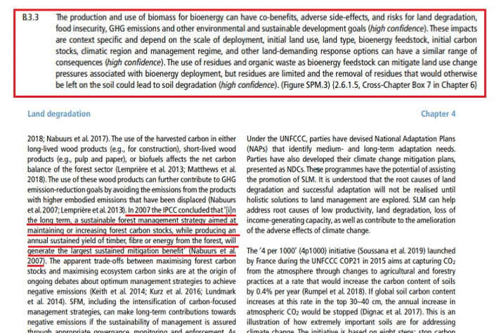 일부 환경단체는 관련 내용(위)을 근거로 바이오매스가 탄소중립적인 에너지원이 아니라고 지적한다. 산림청은 같은 보고서 안(아래)에 바이오매스가 이미 탄소중립적인 에너지원으로 결론이 났다고 반박한다. IPCC 특별보고서 캡처
