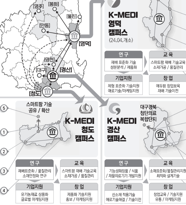 영덕 청도 경산에 조성될 K-MEDI캠퍼스와 특화 산업들. 대구한의대 기획서 캡처