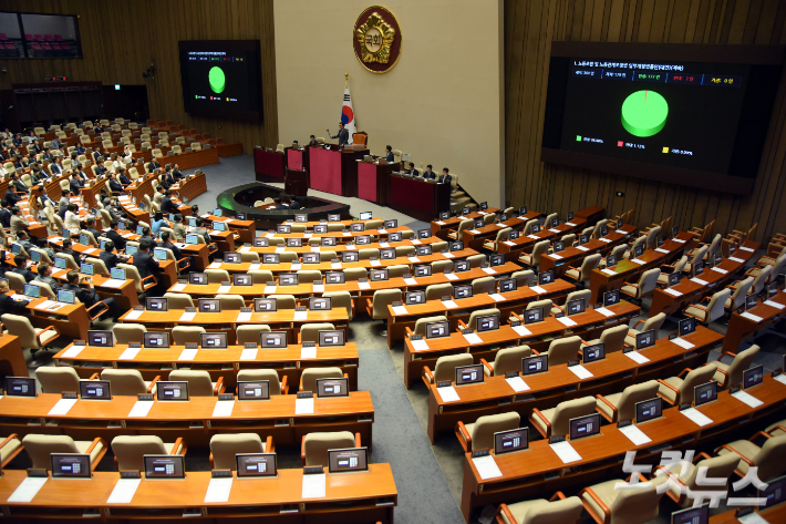 5일 서울 여의도 국회에서 열린 본회의에서 노동조합 및 노동관계조정법 일부개정법률안이 재석179인, 찬성177인, 반대2인, 기권0인으로 가결되고 있다. 윤창원 기자