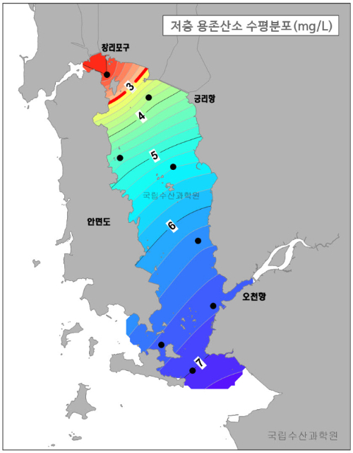 저층 용존산소 수평분포. 국립수산과학원 제공 