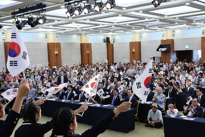 제79주년 8·15 광복절인 15일 오전 서울 용산구 효창공원 내 백범김구기념관에서 광복회 주최 광복절 기념식이 열리고 있다. 광복회 등 독립운동단체는 김형석 신임 독립기념관장 임명이 '친일 뉴라이트 인사'라면서 정부가 주최하는 광복절 경축식 불참을 선언한 바 있다. 연합뉴스