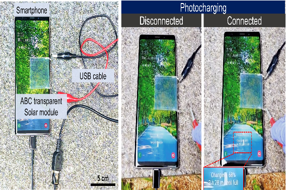 투명 태양전지 모듈에 의한 스마트폰 광충전 시연. UNIST 제공