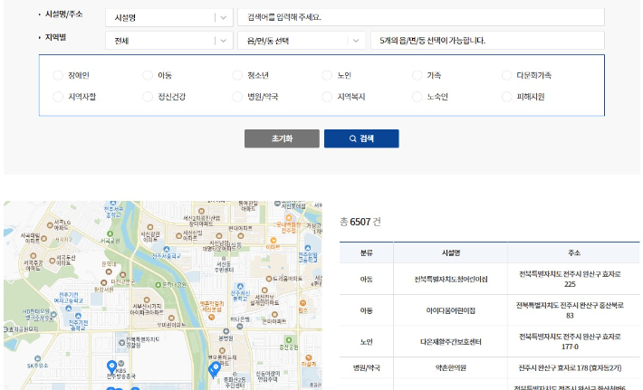 '전북인복지'의 복지시설 찾기 기능. 거주지와 가까운 곳에 있는 복지시설을 손쉽게 찾을 수 있다. 홈페이지 캡처