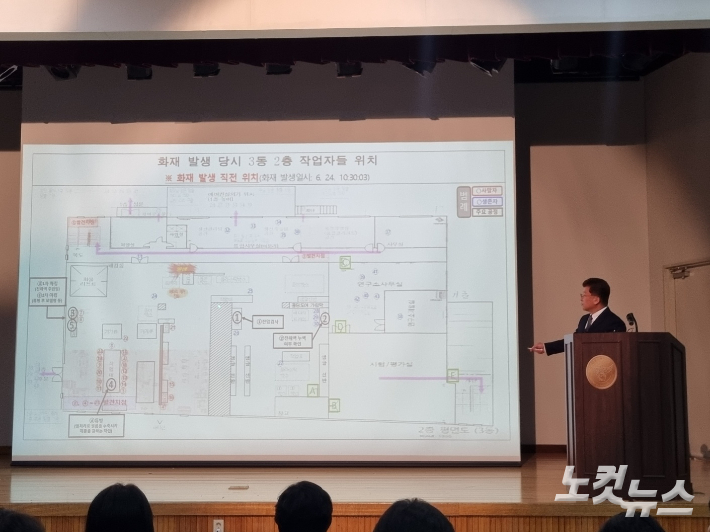 23일 아리셀 화재 사고 수사결과를 발표하고 있는 경기남부경찰청 김종민 화성 화재 수사본부장. 정성욱 기자