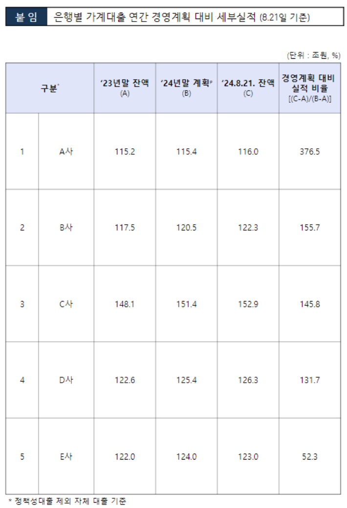 은행별 가계대출 연간 경영계획 대비 세부실적. 금융감독원 제공.