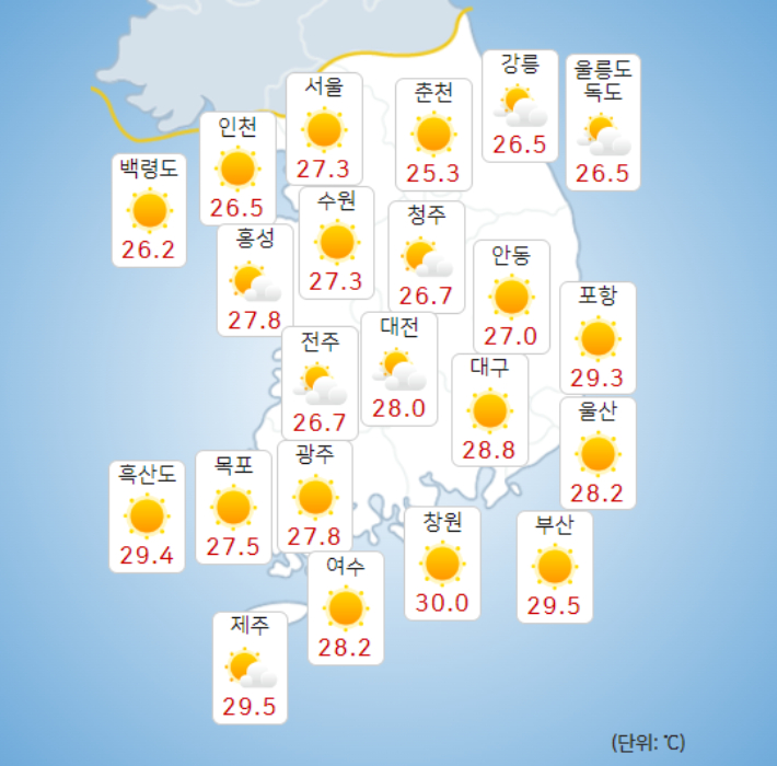 31일 오전 10시 기준 전국 지역별 기온. 기상청 제공