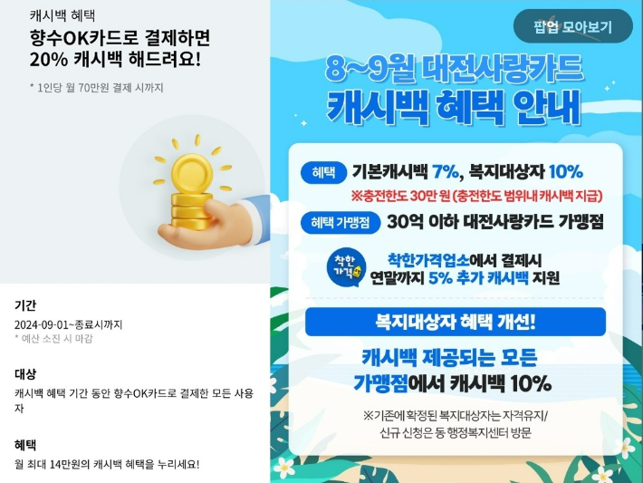 대전과 인접한 충북 옥천의 '향수OK카드'와 대전의 대전사랑카드 캐시백 혜택 비교. 각 홈페이지 캡처