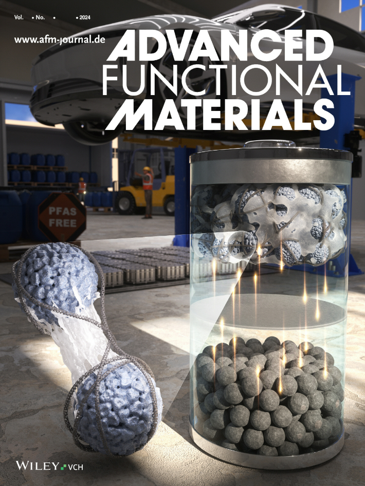 KERI의 'PVDF 대체 배터리 바인더 기술' 연구결과가 세계적 학술지인 'Advanced Functional Materials'의 표지논문으로 게재됐다. 전기연구원 제공
