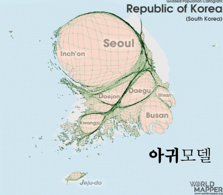 박형준 부산시장이 아귀로 표현한 인구밀도에 따른 대한민국 지도. 부산시 제공