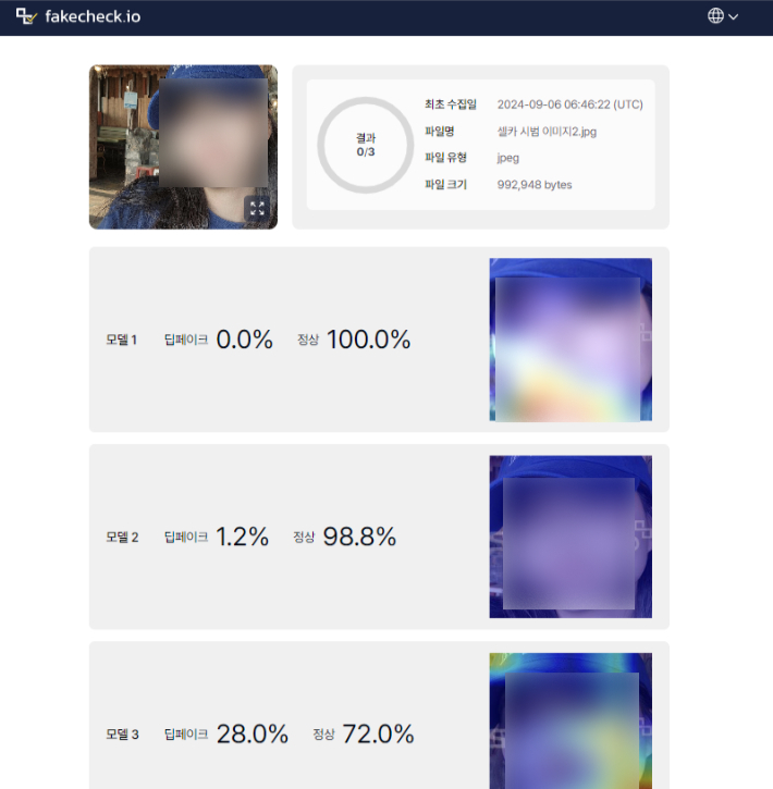 샌즈랩의 딥페이크 탐지 솔루션 '페이크체크'를 사용해 실제 사진을 탐지해 본 결과. 페이크체크 홈페이지 갈무리