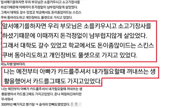 김민국 씨가 온라인 커뮤니티 '일베'에 남긴 글. 부친의 경제적 무능을 주장하는 것과 배치된다. 유족 측 제공