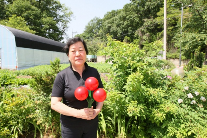 사랑의열매 모형을 들고 있는 최씨 모습. 경기사회복지공동모금회 제공