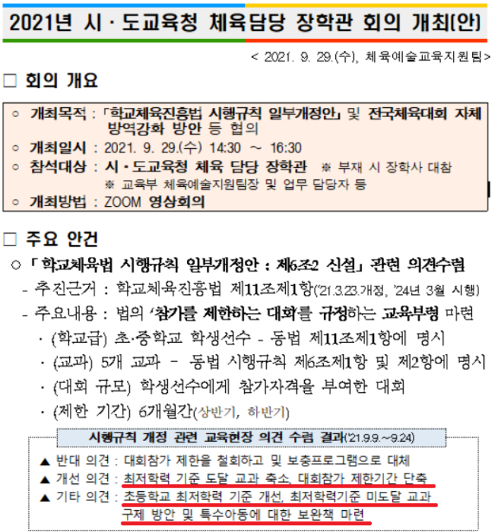 2021년 시·도교육청 체육담당 장학관 회의 자료 캡처