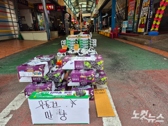 추석 연휴 직후인 지난 19일 서울 양천구 신영시장 초입에는 '무조건 만 원'이라 써 붙인 포도 상자 수십 상자가 쌓여있었다. 박희영 기자