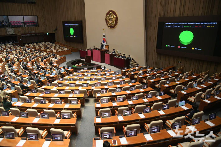 19일 서울 여의도 국회에서 열린 제418회국회(정기회) 제8차 본회의에서 윤석열 대통령 배우자 김건희의 주가조작 사건 등의 진상규명을 위한 특별검사 임명 등에 관한 법률안(대안)이 재석167인, 찬성 167인, 반대 0인, 기권 0인으로 가결되고 있다. 윤창원 기자