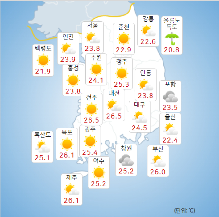 28일(토) 오전 10시 기준 전국 지역별 기온. 기상청 제공 