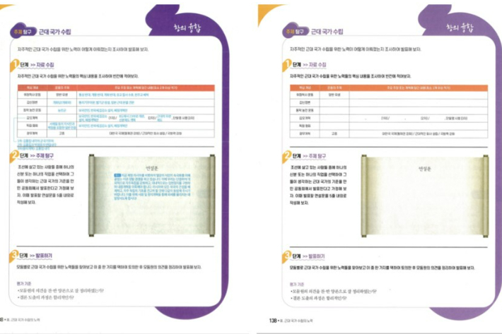 '선생님 연구용 도서(좌)'와 '전시본(우)'의 내용이 각주를 제외하고는 일치한다. 익명의 역사교사 제공