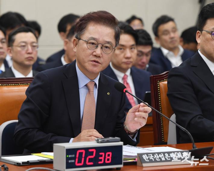 질의에 답하는 산업은행 회장